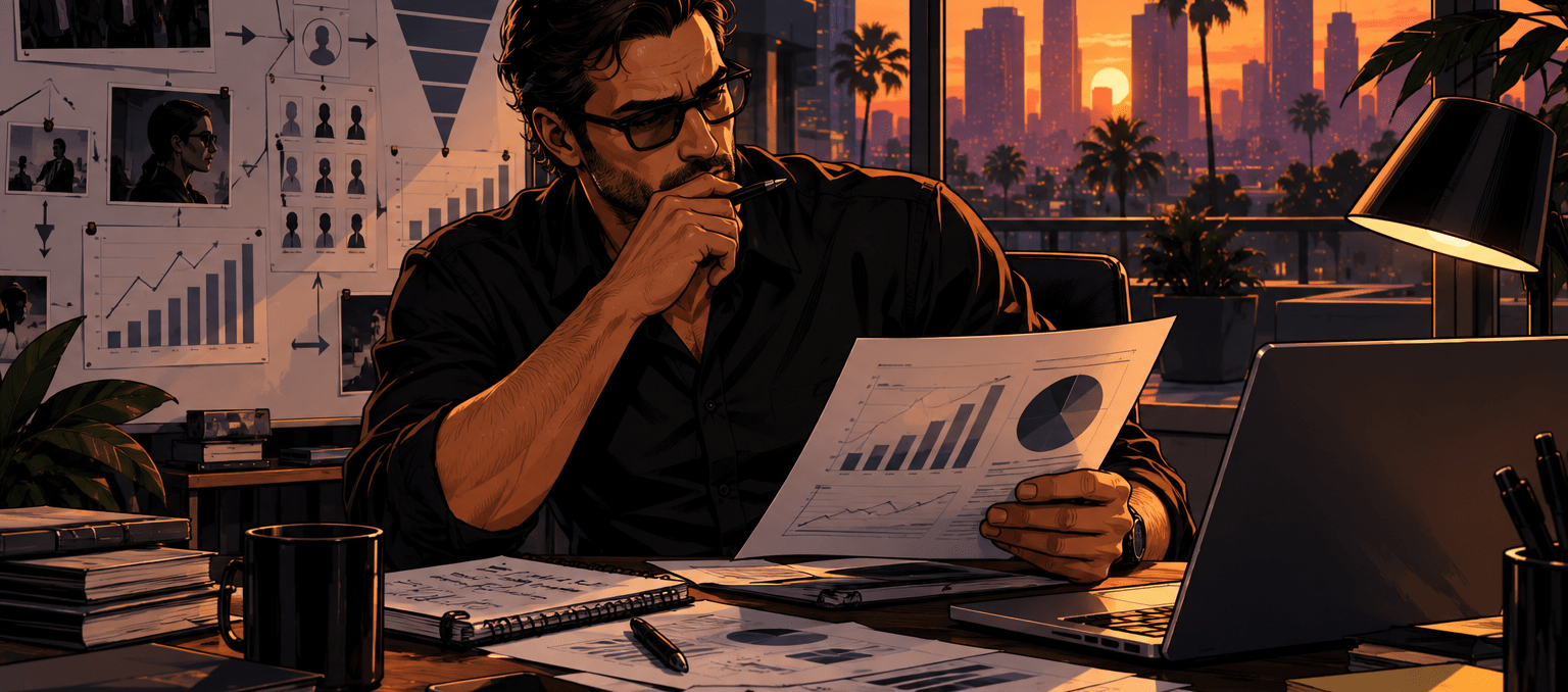 Mann sitzt im Büro und analysiert Charts bei Sonnenuntergang