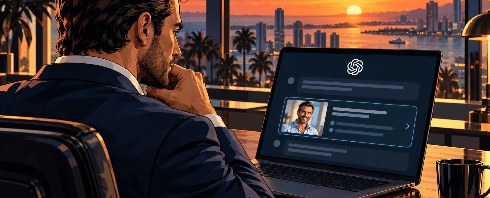 Ein Unternehmer betrachtet auf seinem Laptop eine stilisierte ChatGPT-Antwort mit hervorgehobenem Dienstleisterprofil – Illustration im GTA-V-Stil.