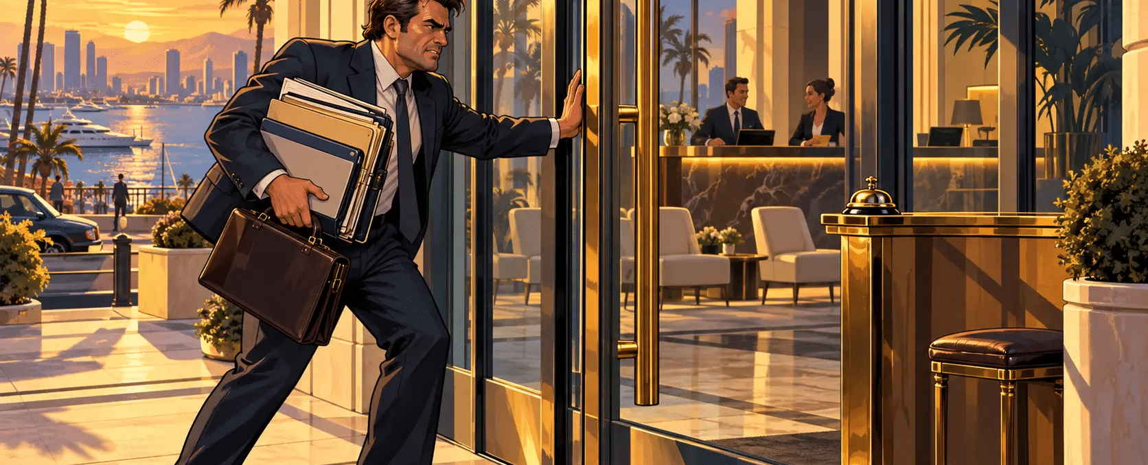 Ein Geschäftsmann mit Akten und Aktentasche kämpft mit einer schweren Eingangstür neben einem unbesetzten Portierplatz – Illustration im GTA-V-Stil.