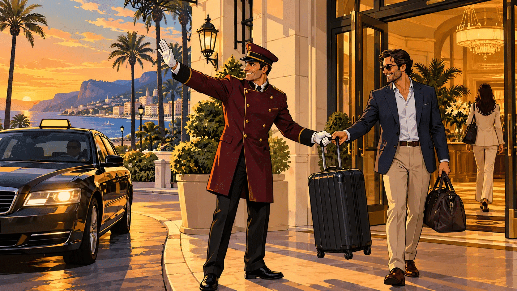Ein Hotelportier übernimmt den Koffer eines Gastes und winkt gleichzeitig ein Taxi heran – Illustration im GTA-V-Stil.