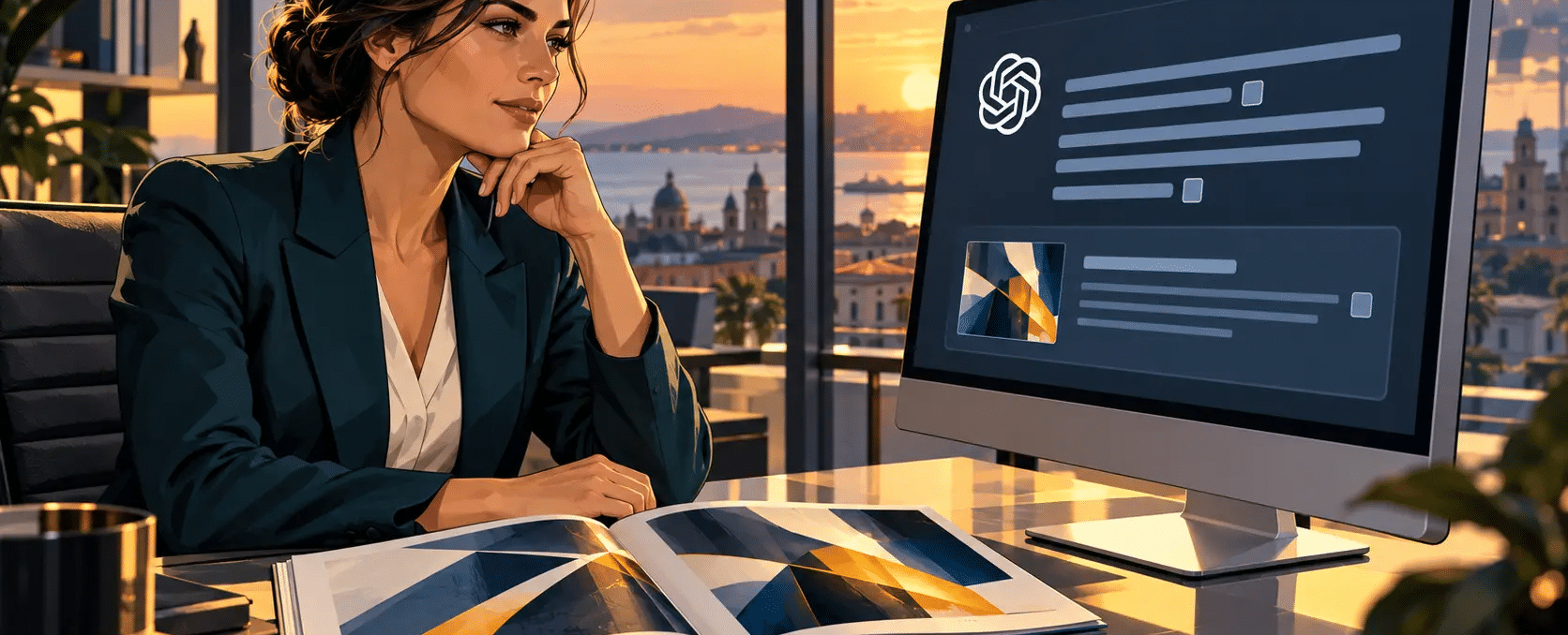 Eine Geschäftsfrau betrachtet eine stilisierte KI-Antwort mit Quellenverweis auf einen Fachbeitrag – Illustration im GTA-V-Stil.