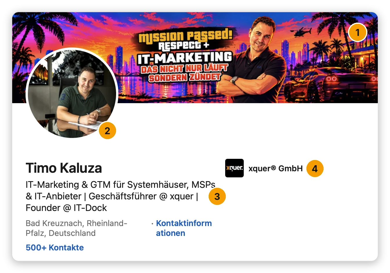 LinkedIn-Profil Beispiel: Headerbild, Profilfoto, Headline und verknüpfte Unternehmensseite von Timo Kaluza, Geschäftsführer von xquer