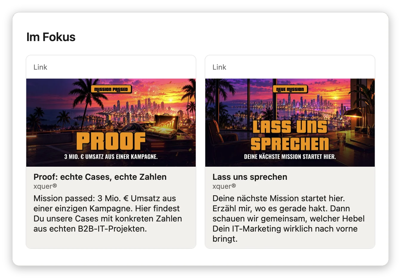 LinkedIn-Profil Beispiel: Bereich Im Fokus mit Links zu Cases und Kontaktseite