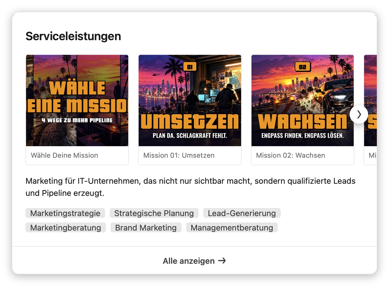 LinkedIn-Profil Beispiel: Bereich Serviceleistungen mit eigenen Grafiken für jedes Angebot