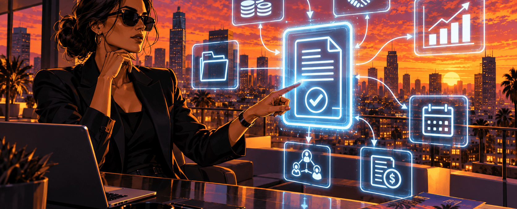 woman at sundown in the office clicking buttons overlaying the image with her finger
