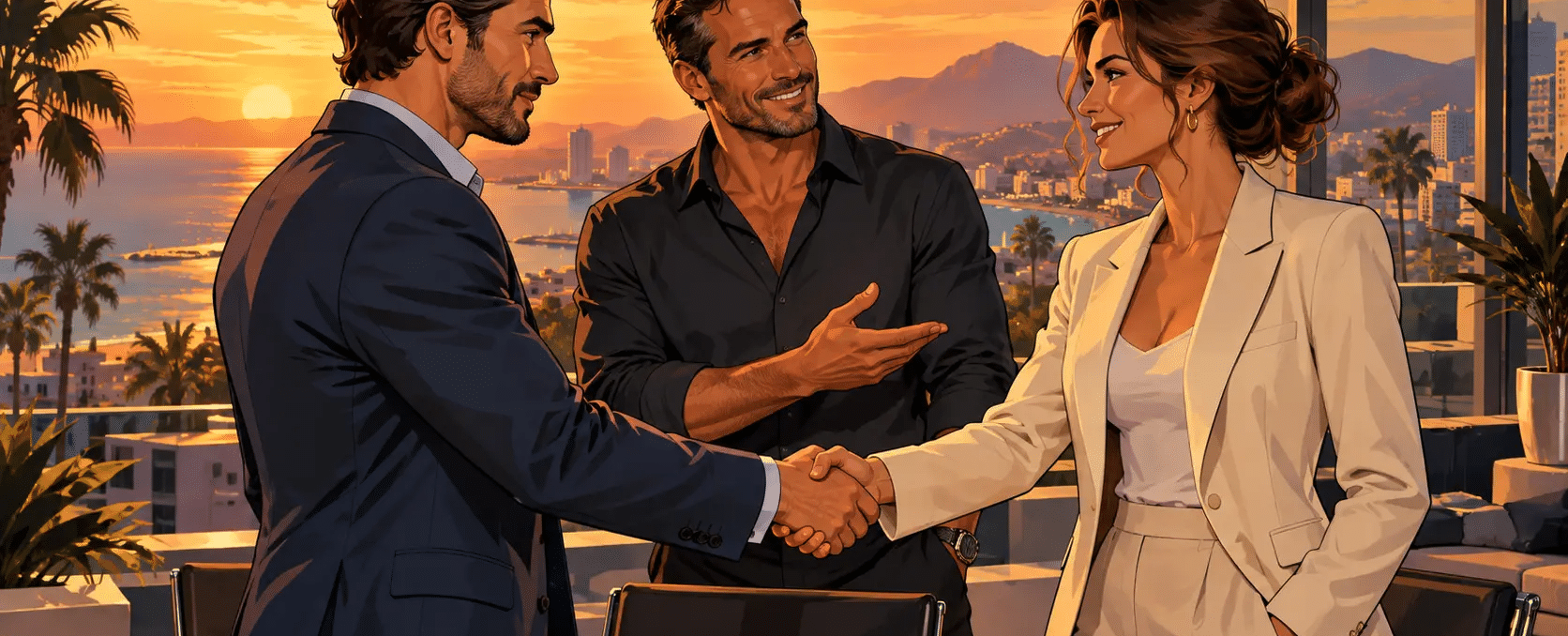 Ein Geschäftsmann stellt zwei Personen einander vor, die sich auf einer Dachterrasse die Hand geben – Illustration im GTA-V-Stil.